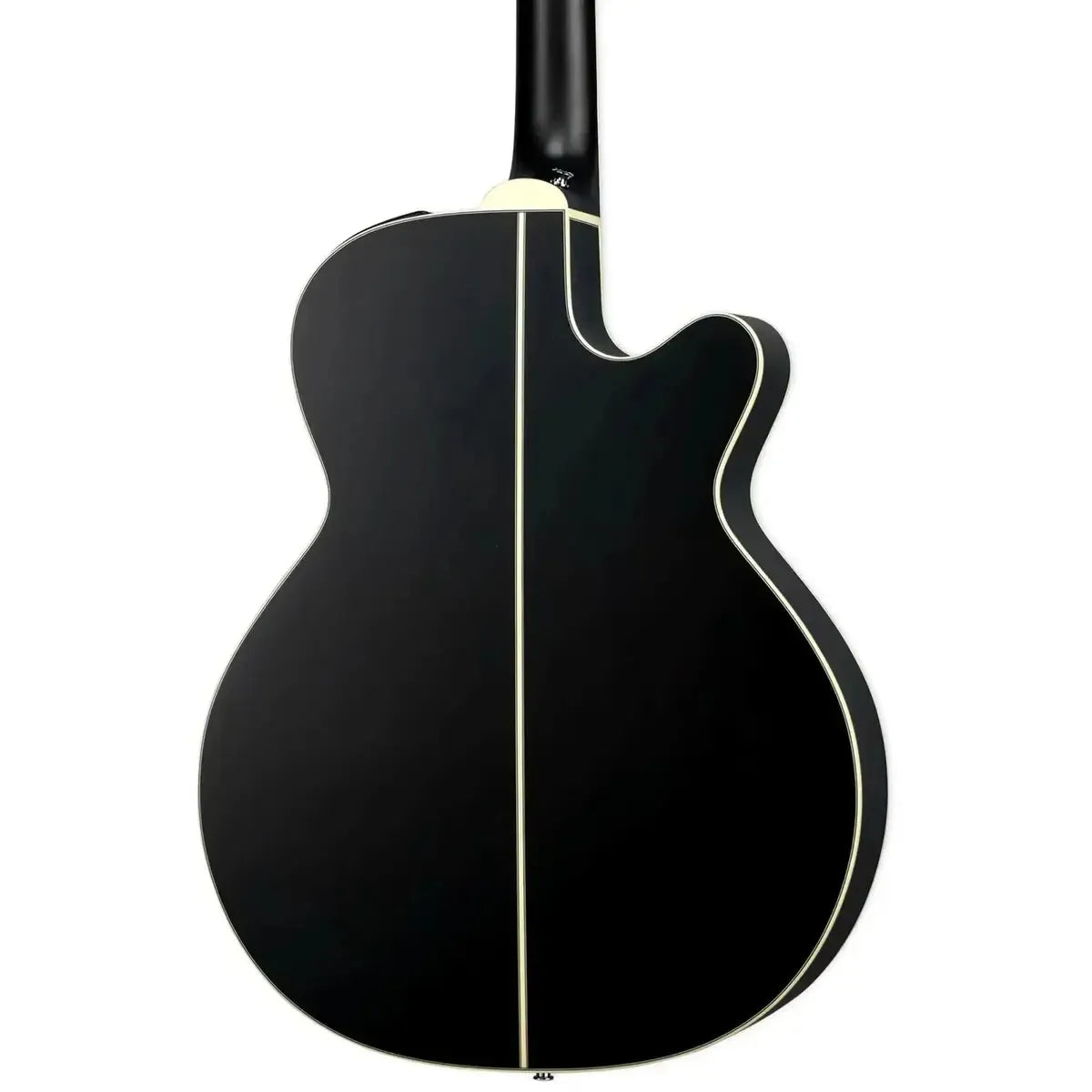 Back of a satin black Takamine GN73CELH left-handed acoustic-electric guitar with white binding.