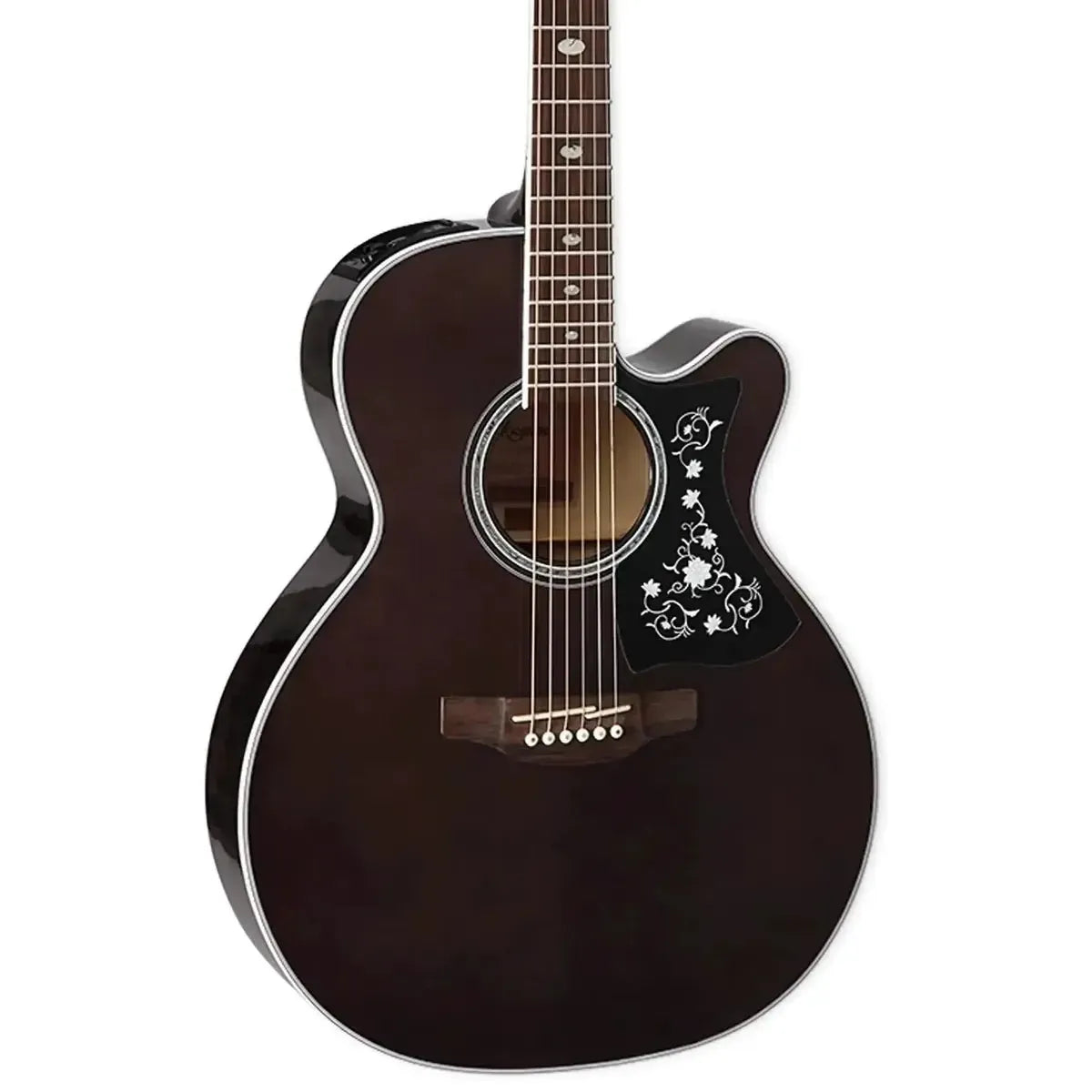 Takamine GN75CE TBK acoustic-electric guitar with transparent black finish, quilt maple, and "Grass Flower" pickguard.