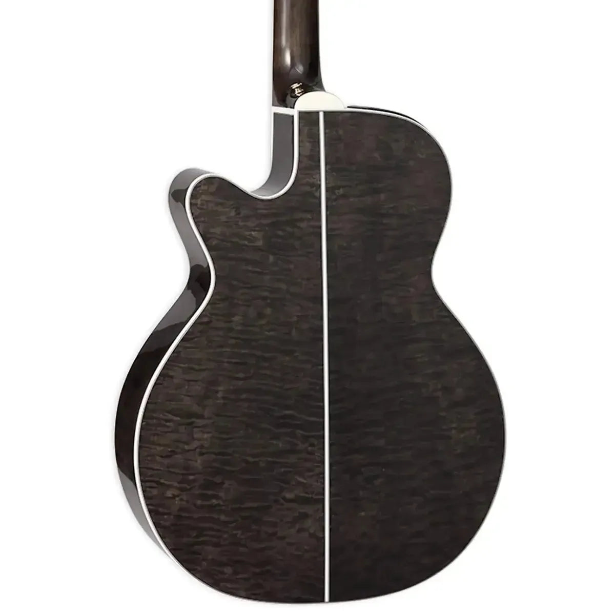 Takamine GN75CE TBK acoustic-electric guitar back, transparent black quilt maple with white binding.