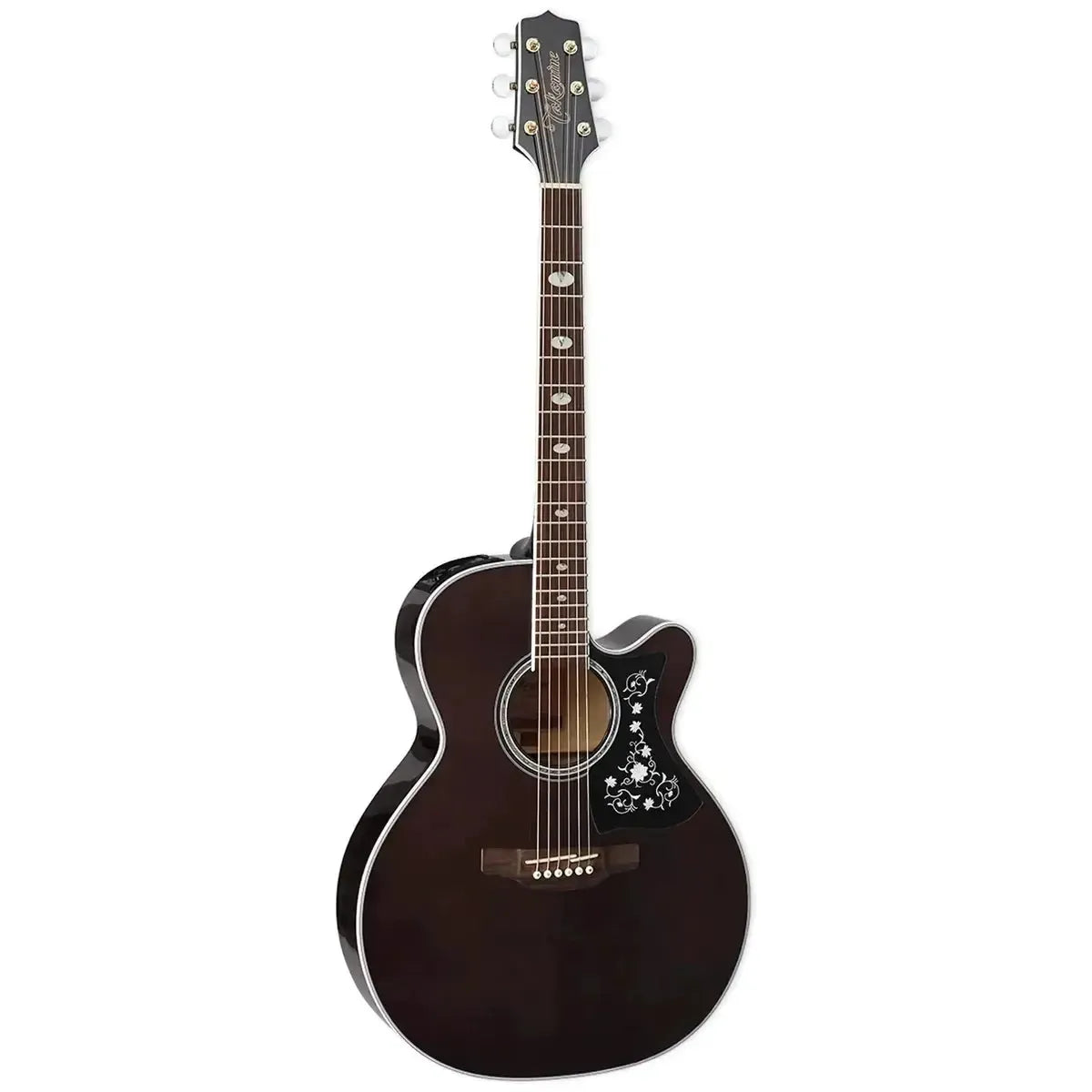 Takamine GN75CE TBK acoustic-electric guitar with transparent black finish, oval inlays, and "Grass Flower" pickguard.