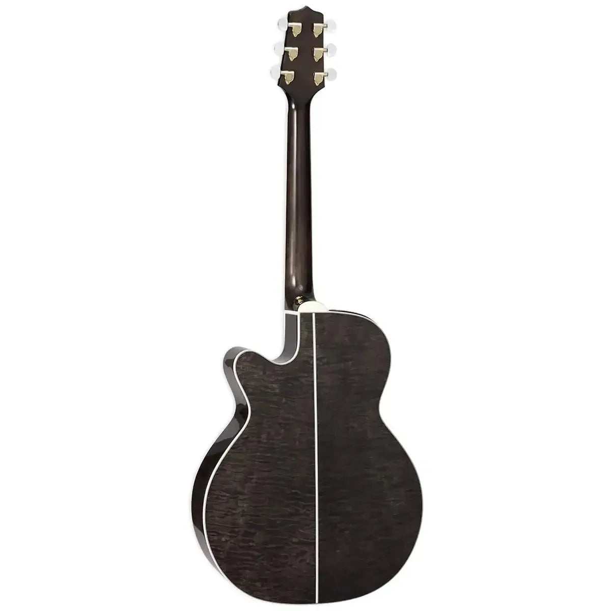 Takamine GN75CE TBK acoustic-electric guitar, transparent black quilt maple back and sides, white binding.
