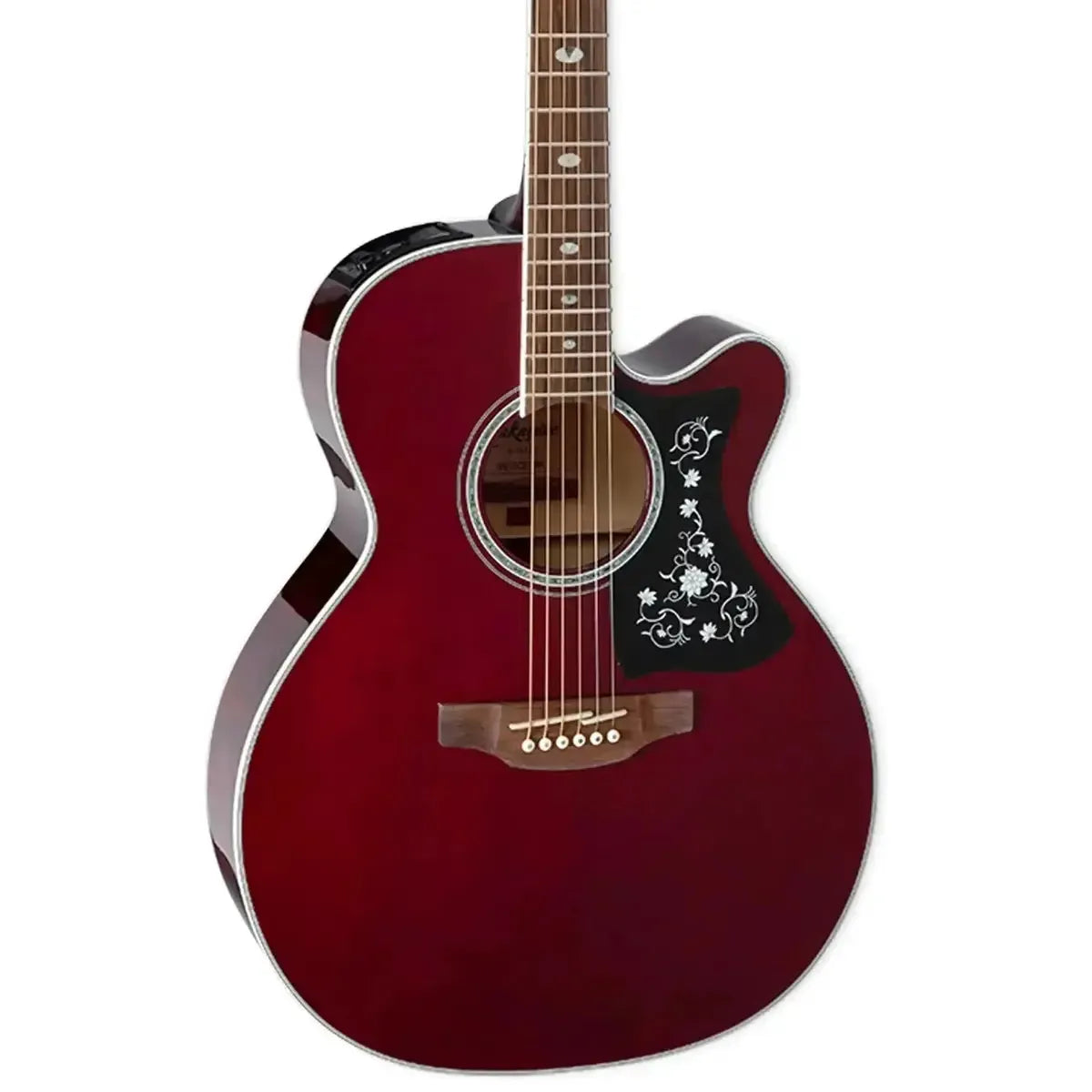 Takamine GN75CE WR acoustic-electric guitar in wine red with a black "Grass Flower" pickguard.