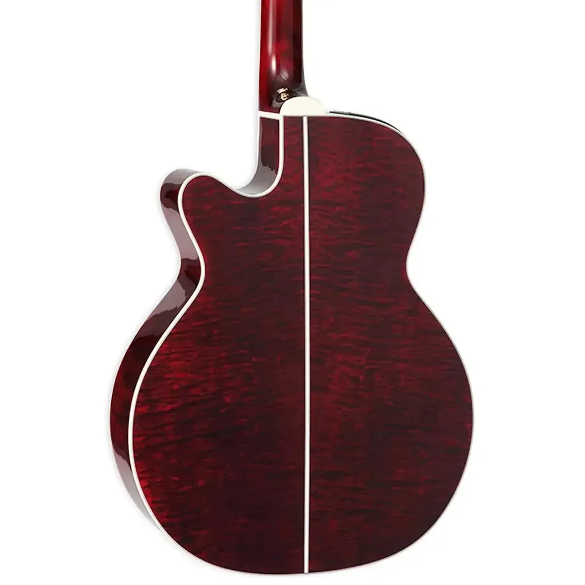 Back of a Takamine GN75CE WR acoustic-electric guitar, showing the wine red quilt maple finish.