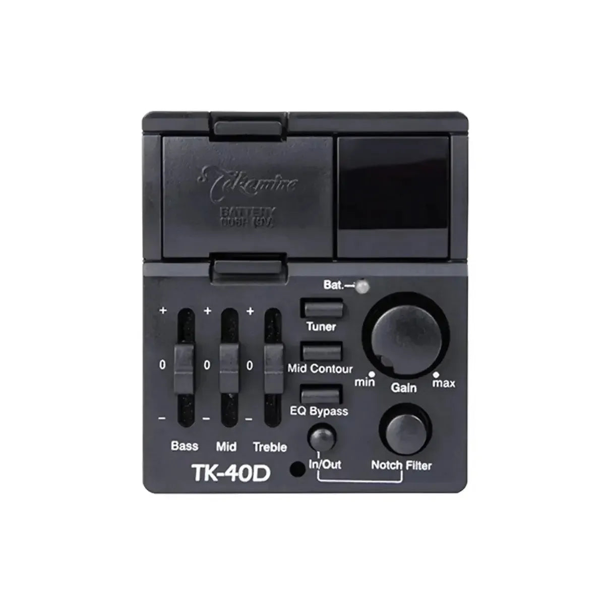 Takamine TK-40D preamp for acoustic-electric guitar, black with EQ sliders, tuner, gain, and notch filter.
