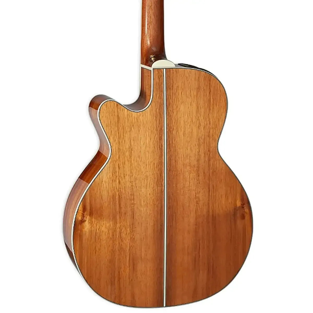 Takamine GN77KCE NAT Koa acoustic-electric guitar, back view, natural gloss finish, mini-jumbo NEX cutaway body.
