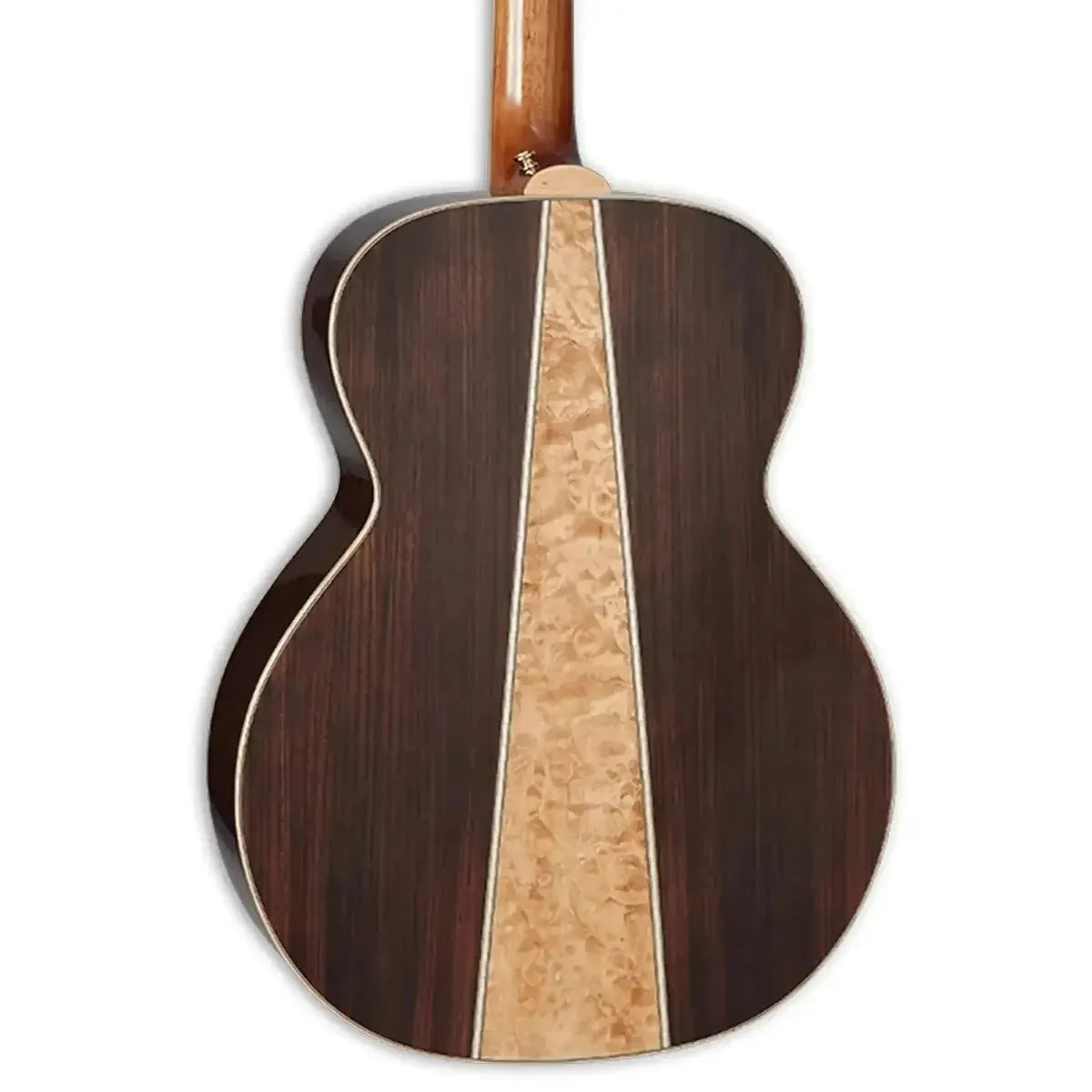Back of a Takamine GN93 NAT acoustic guitar with dark walnut and light quilt maple wood.