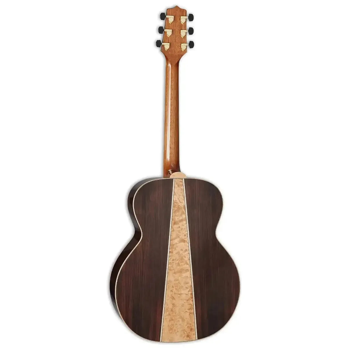 Takamine GN93 NAT acoustic guitar back with dark walnut and quilt maple stripe.
