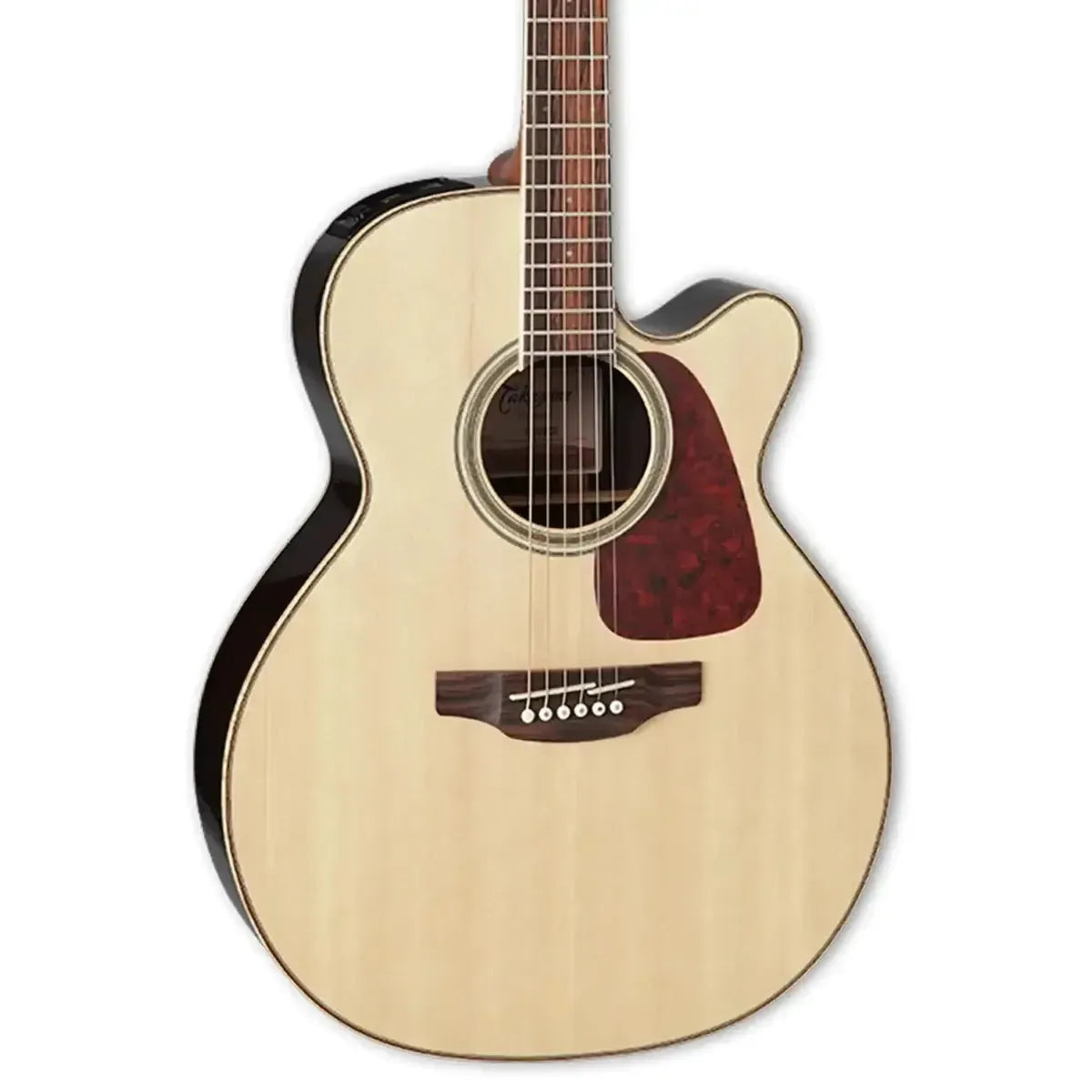 Takamine GN93CE NAT Natural acoustic-electric guitar with spruce top, dark wood rosette, and red pickguard.