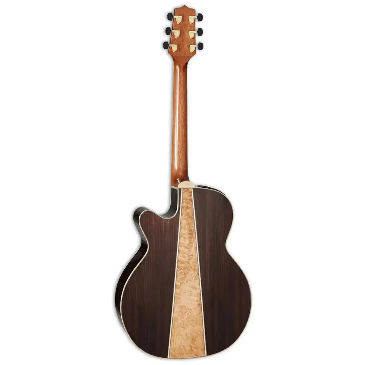 Takamine GN93CE Natural Acoustic-Electric Guitar, back view, dark walnut and quilt maple body.