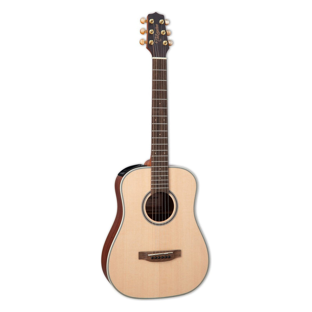 Takamine GP3HSE travel dreadnought with a pale natural satin spruce top and gold tuners with amber pearloid buttons, standing upright.