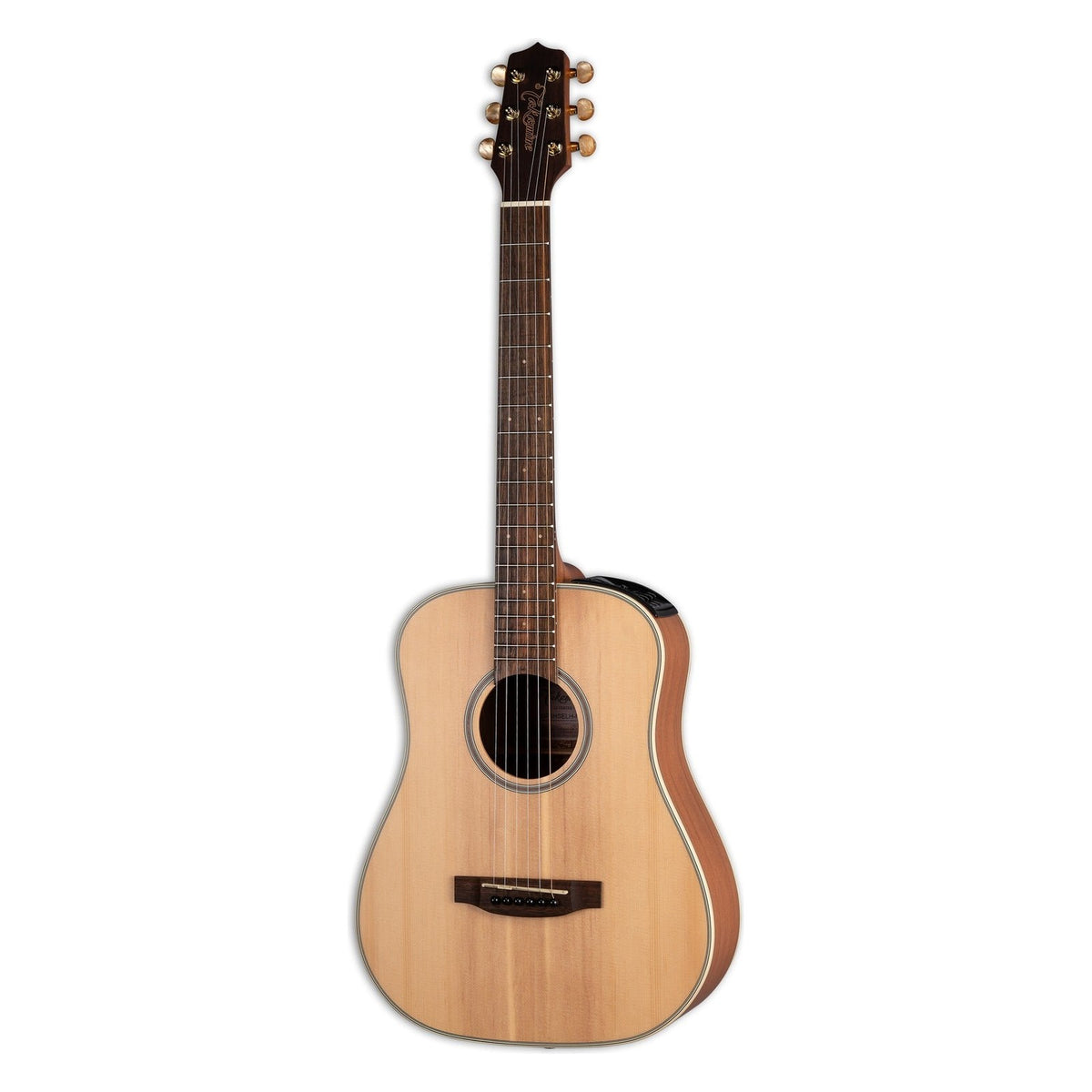 Takamine GP3HSE left-handed travel-size dreadnought acoustic-electric guitar with a natural spruce top, gold tuners, standing upright.