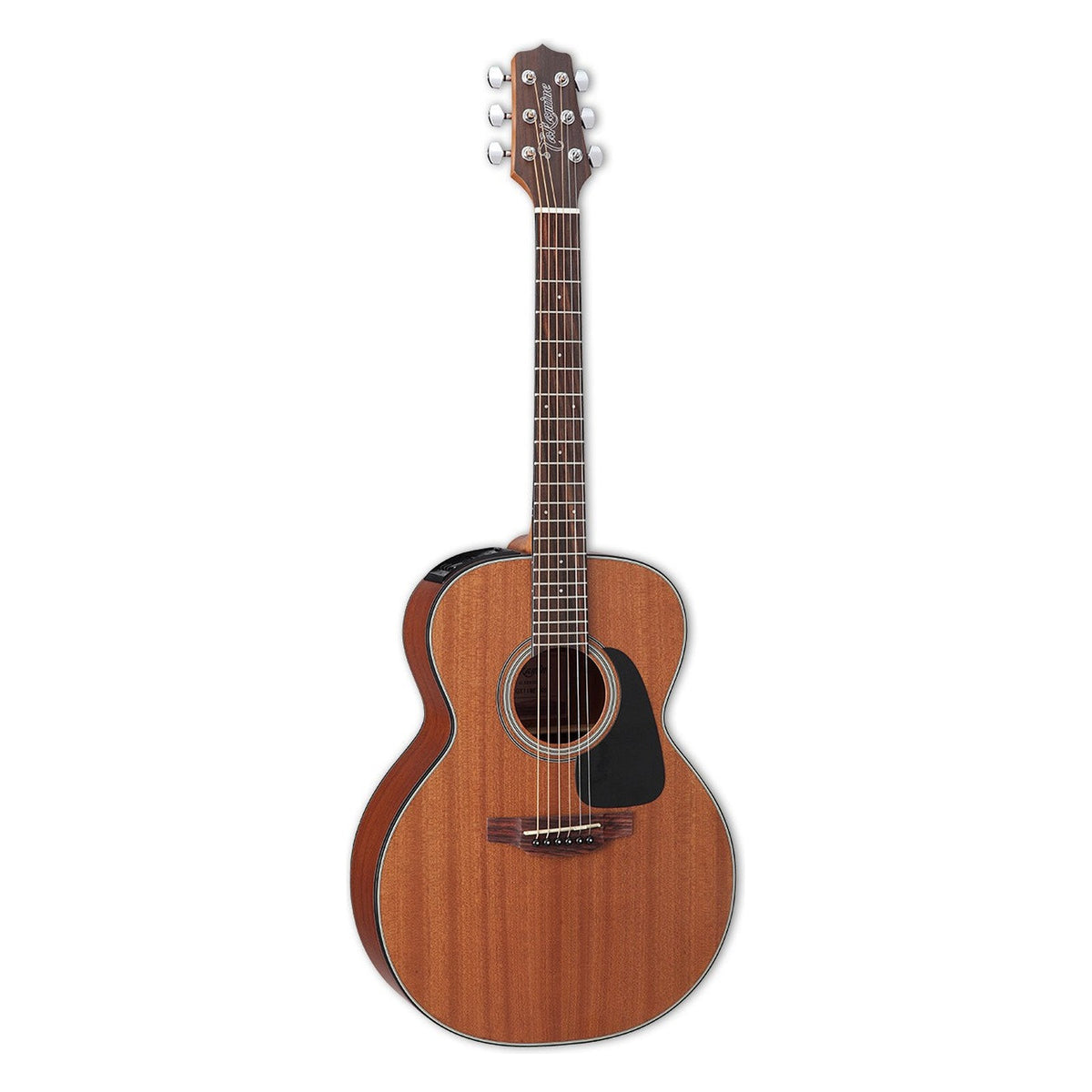 Takamine GX11ME TakaMini 3/4 size acoustic-electric guitar with a reddish-brown mahogany top and chrome tuners, standing upright.