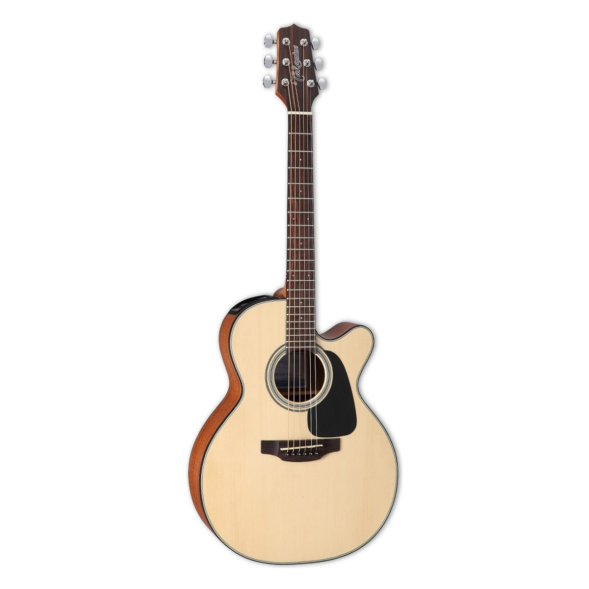 Takamine GX18CE TakaMini 3/4 size cutaway acoustic-electric guitar with a pale natural satin spruce top and chrome tuners, standing upright.