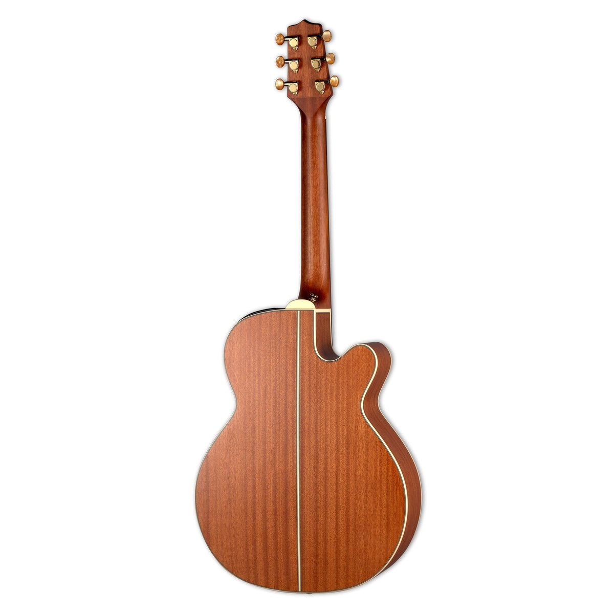 Back of the Takamine GX31CE left-handed guitar in sapele with an ivory center stripe and a cutaway, standing upright.