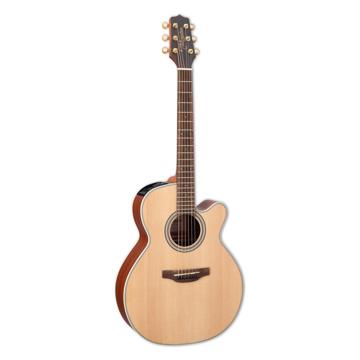 Takamine GX31CE mini-NEX cutaway travel guitar with a natural satin spruce top and gold tuners, standing upright.