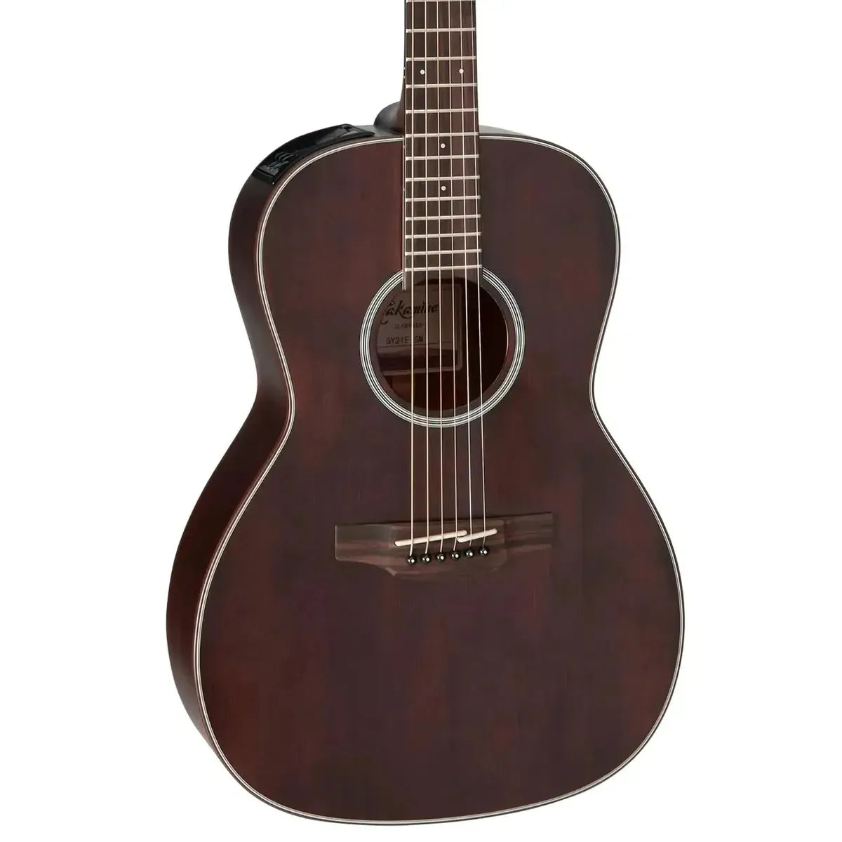 Takamine GY21E SM New Yorker acoustic-electric guitar with a dark molasses finish and white binding.