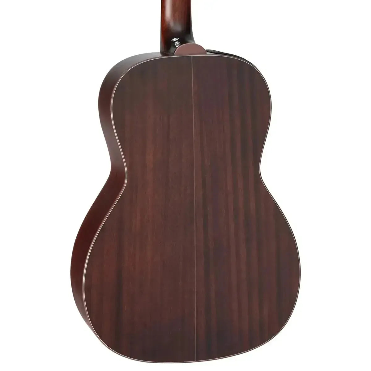 Back of a Takamine GY21E New Yorker acoustic-electric guitar with dark molasses sapele wood finish.