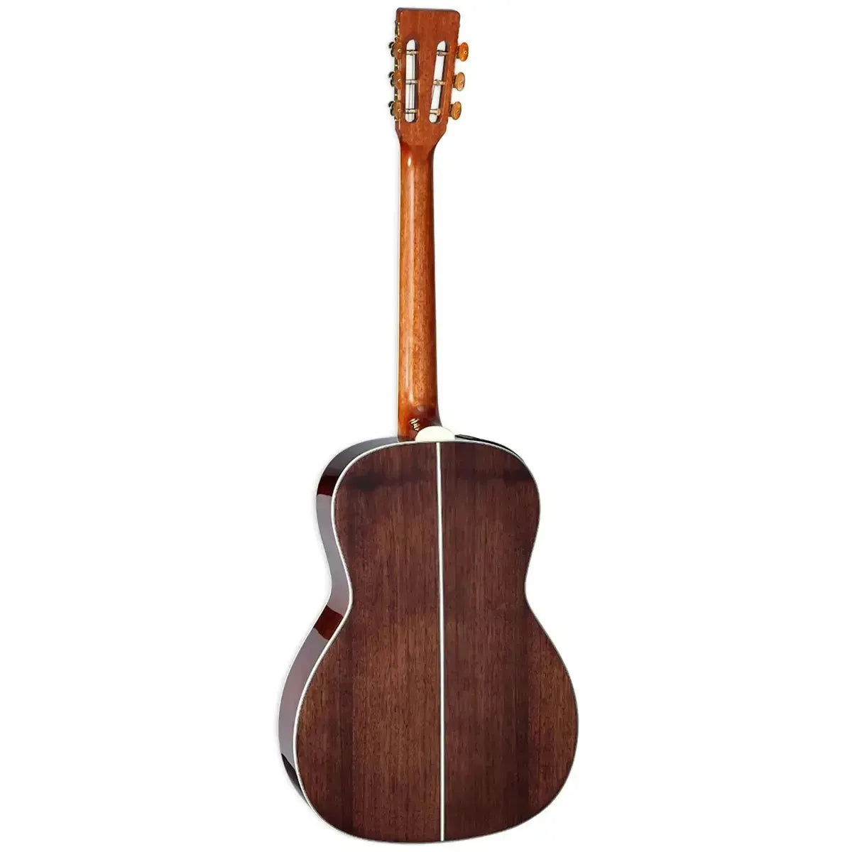 Back of a natural Takamine GY51E New Yorker acoustic-electric guitar with dark walnut wood and white binding.