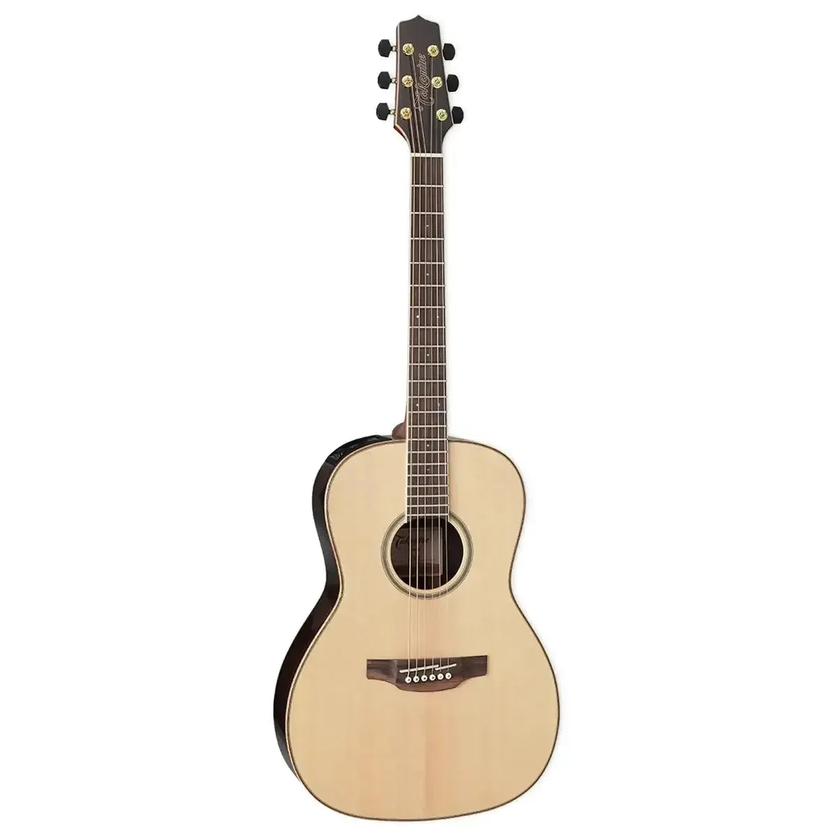 Takamine GY93 NAT Natural Acoustic Guitar, full view, light spruce top, dark walnut back and sides.