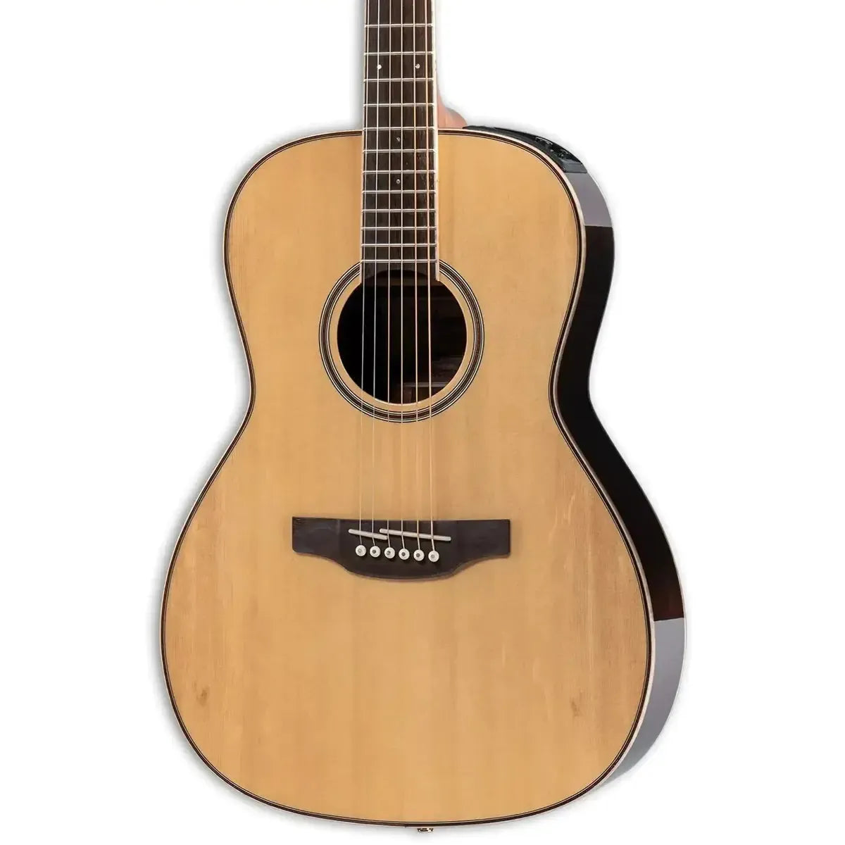 Left-handed Takamine GY93E-LH Natural acoustic-electric guitar with light wood top and dark sides.