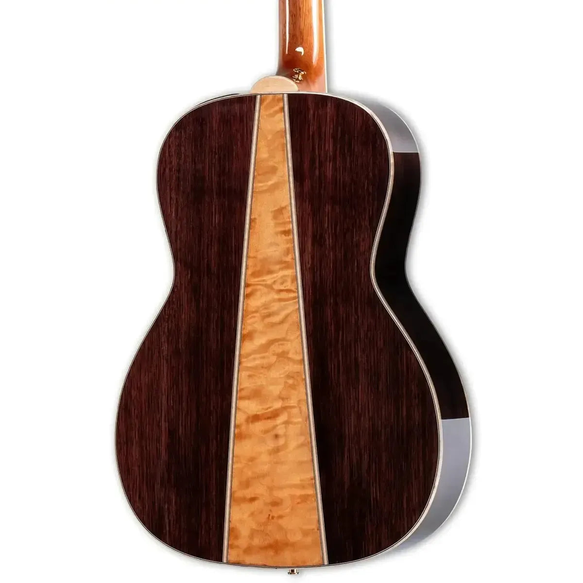 Takamine GY93E-LH Natural Acoustic-Electric Guitar back, featuring dark walnut and quilt maple.