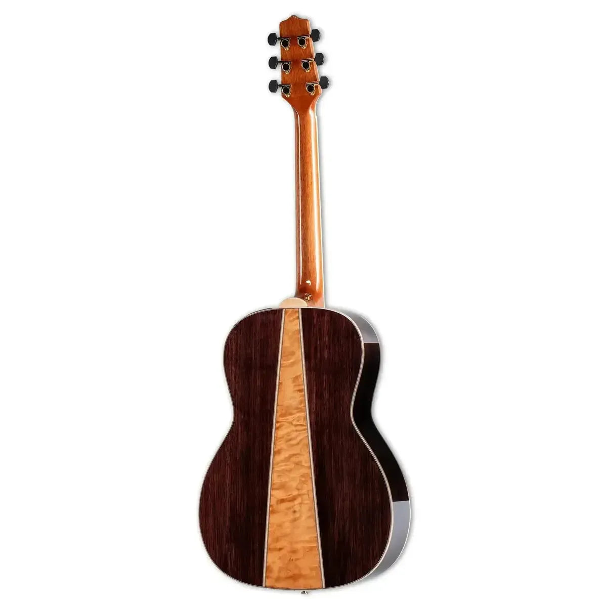 Takamine GY93E-LH Natural Acoustic-Electric Guitar, back view showing dark walnut and quilt maple.