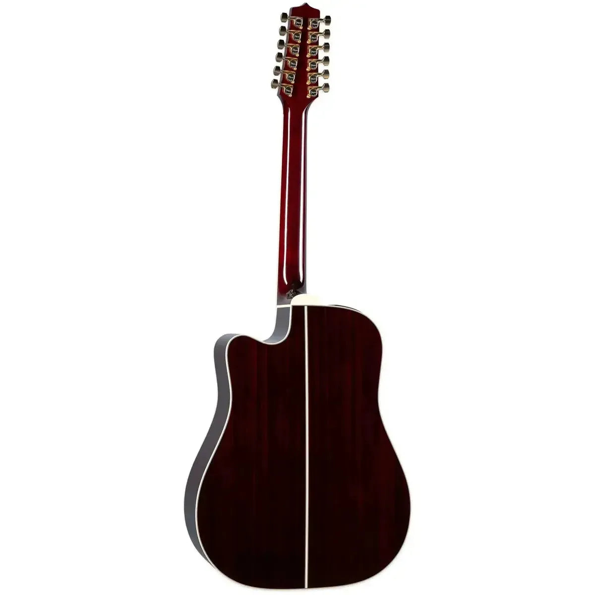 Takamine JJ325SRCL-12 12-string acoustic-electric guitar, back view, gloss red finish, Wonder Rosewood.