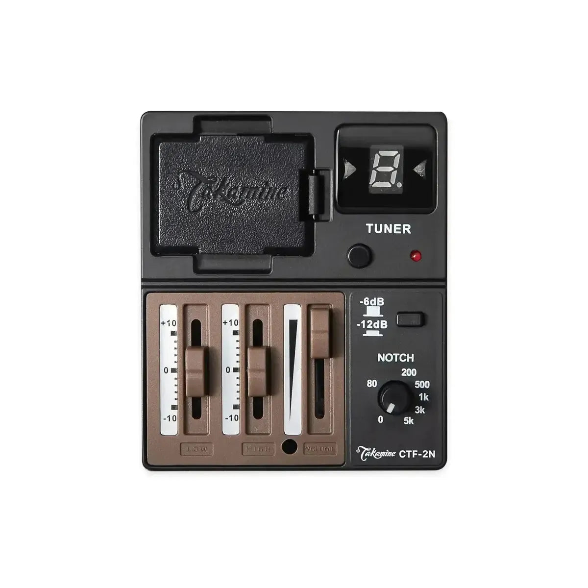 Takamine CTF-2N acoustic-electric guitar preamp with tuner, EQ sliders, and notch filter.