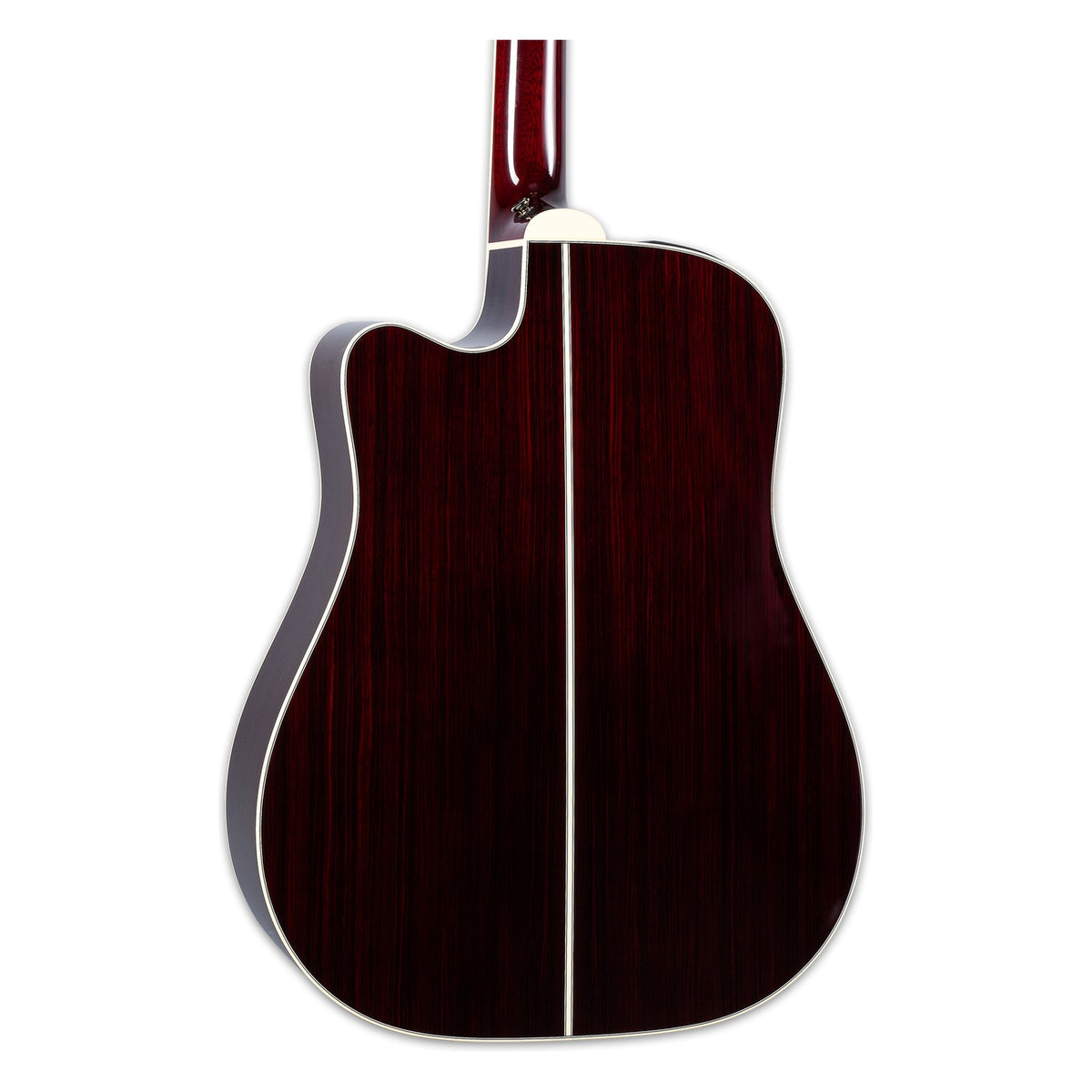 Back of the Takamine JJ325SRCL body showing the Wonder Rosewood back and the heel of the mahogany neck.