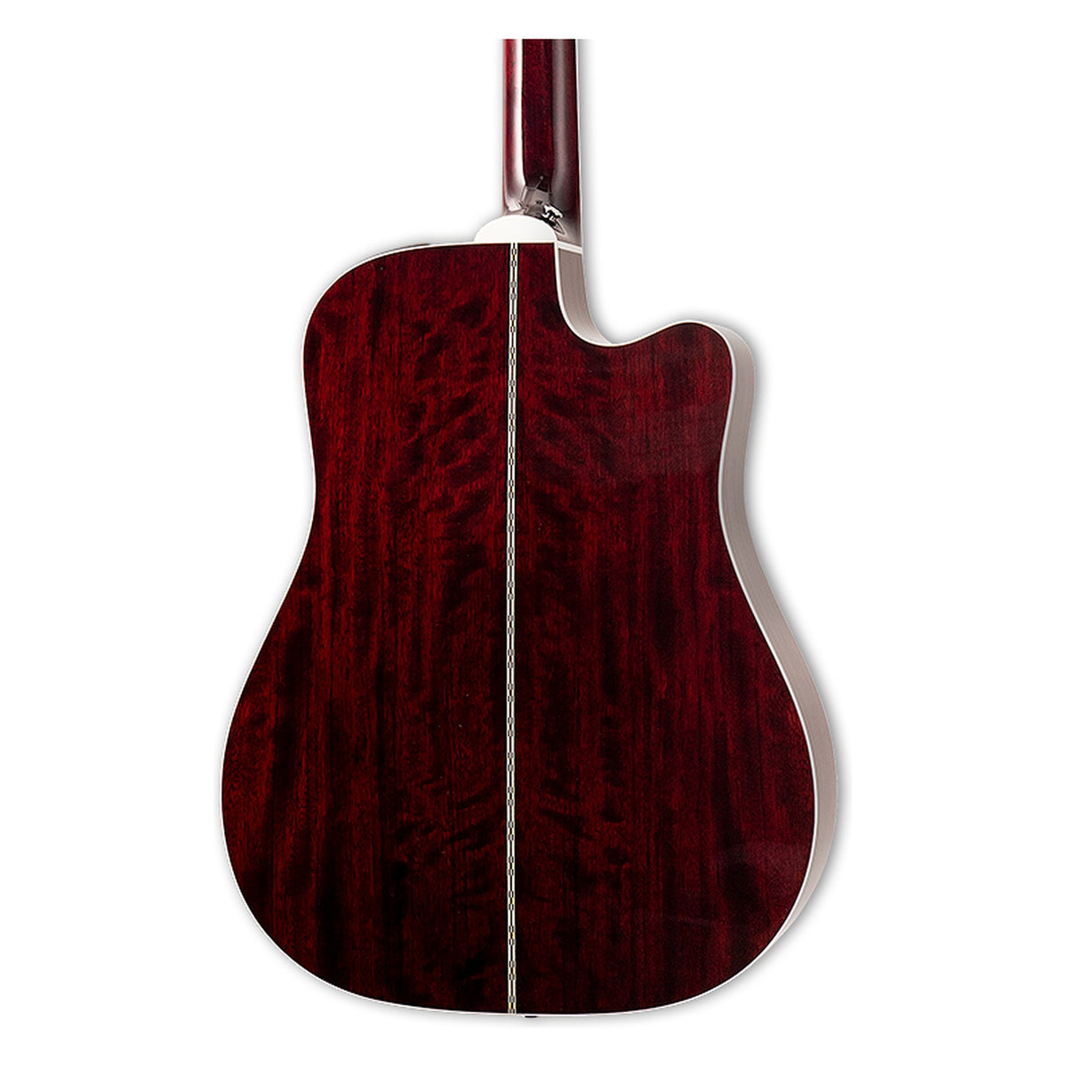 Back of the Takamine JJ325SRCL-12 LH body showing the ovangkol back and the heel of the mahogany neck.