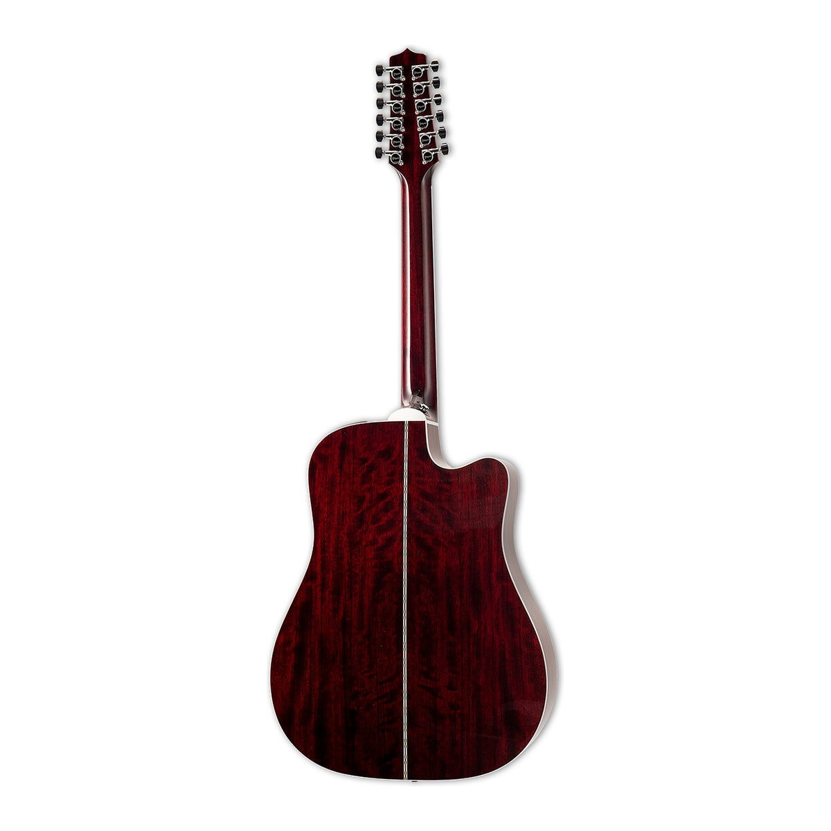 Full back view of the Takamine JJ325SRCL-12 LH showing the mahogany neck and the ovangkol back.