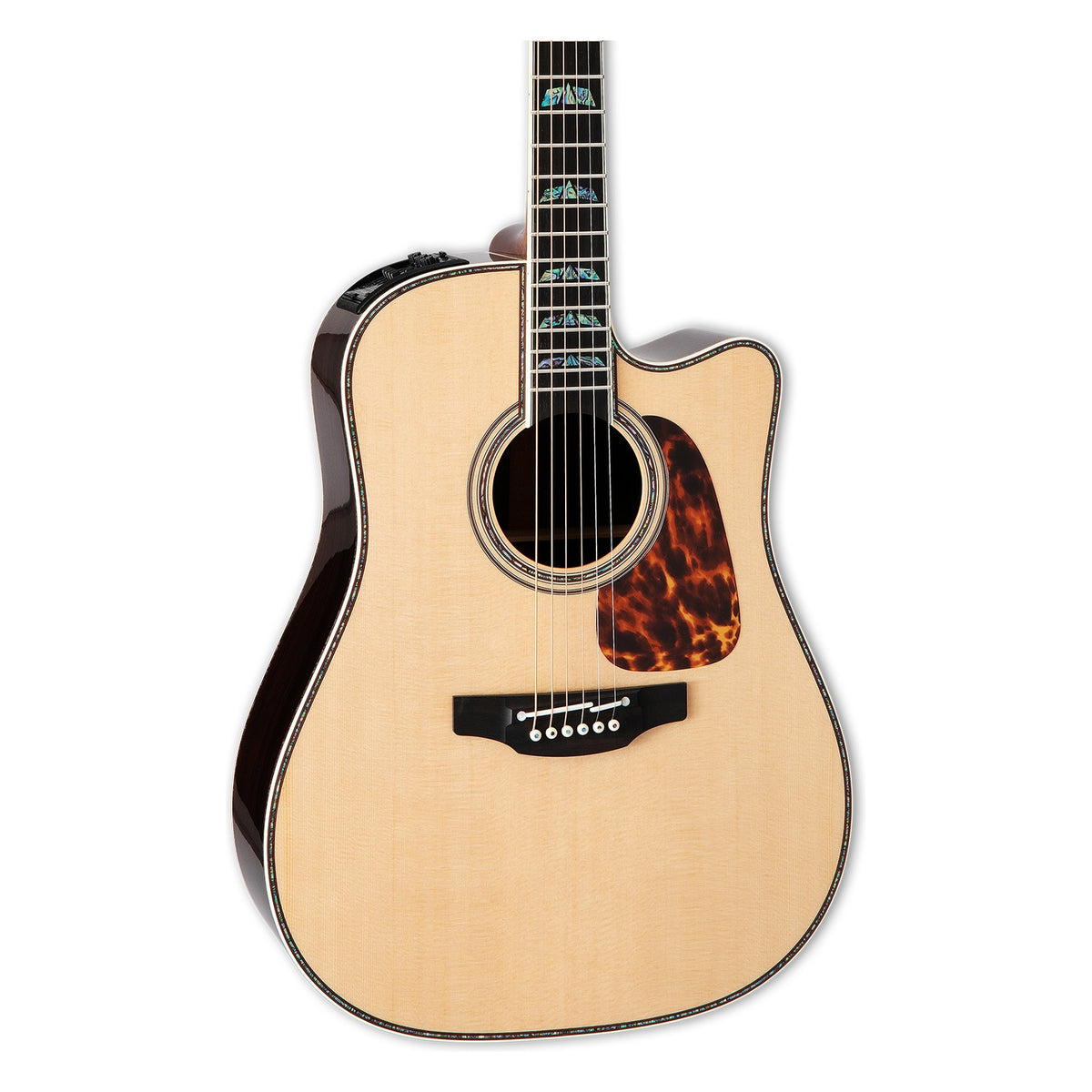 Front of the Takamine P10DC body in a gloss natural finish: solid spruce top, cutaway, soundhole rosette and the lower fretboard.
