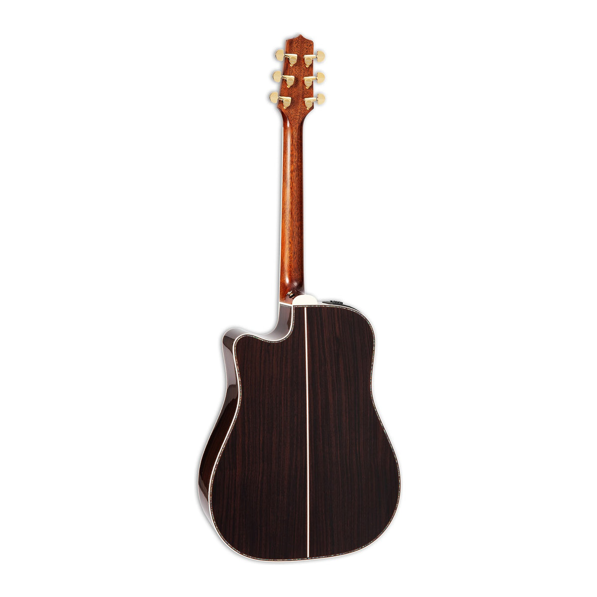 Full back view of the Takamine P10DC showing the mahogany neck and the solid East Indian rosewood back.