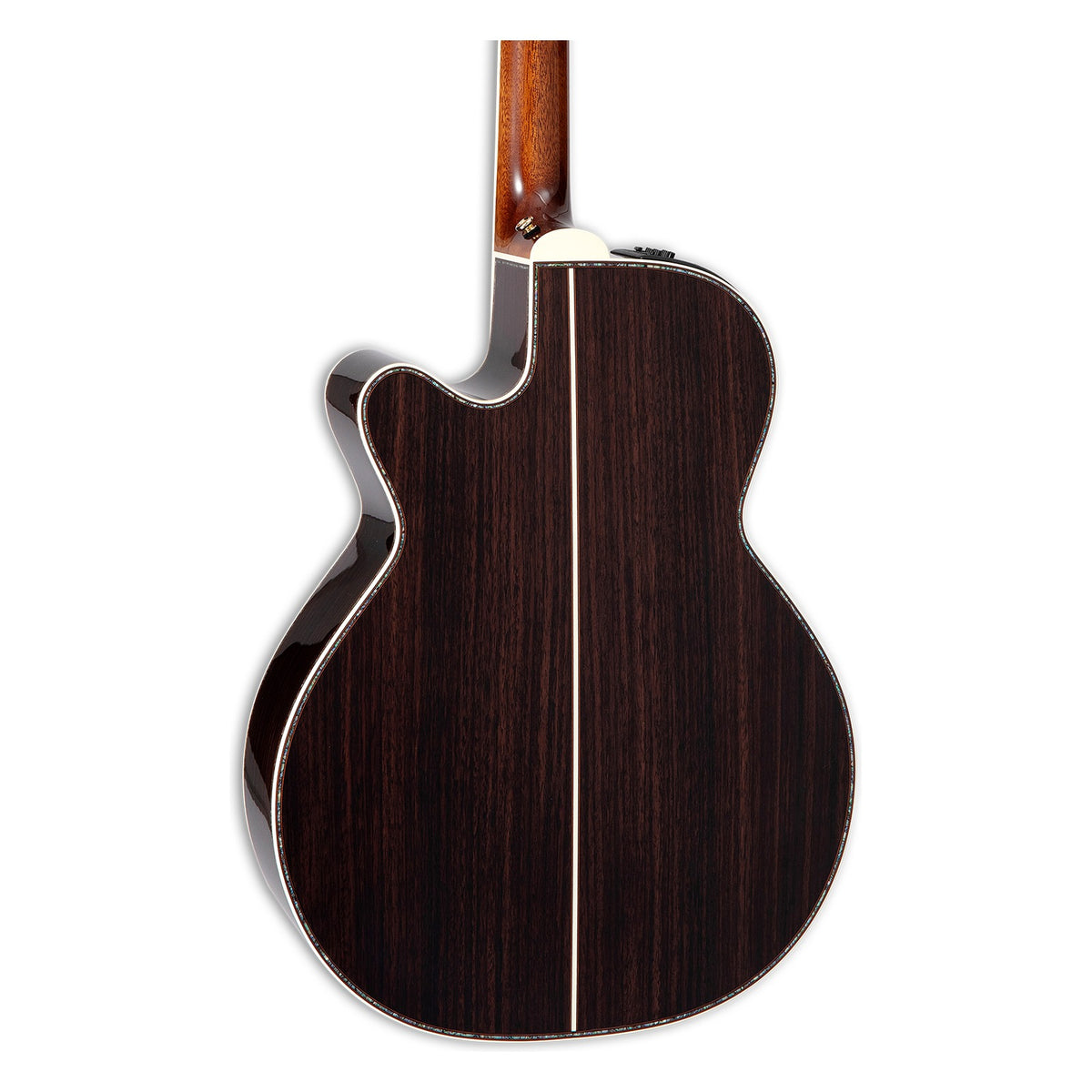 Back of the Takamine P10NC body showing the solid East Indian rosewood back and the heel of the mahogany neck.