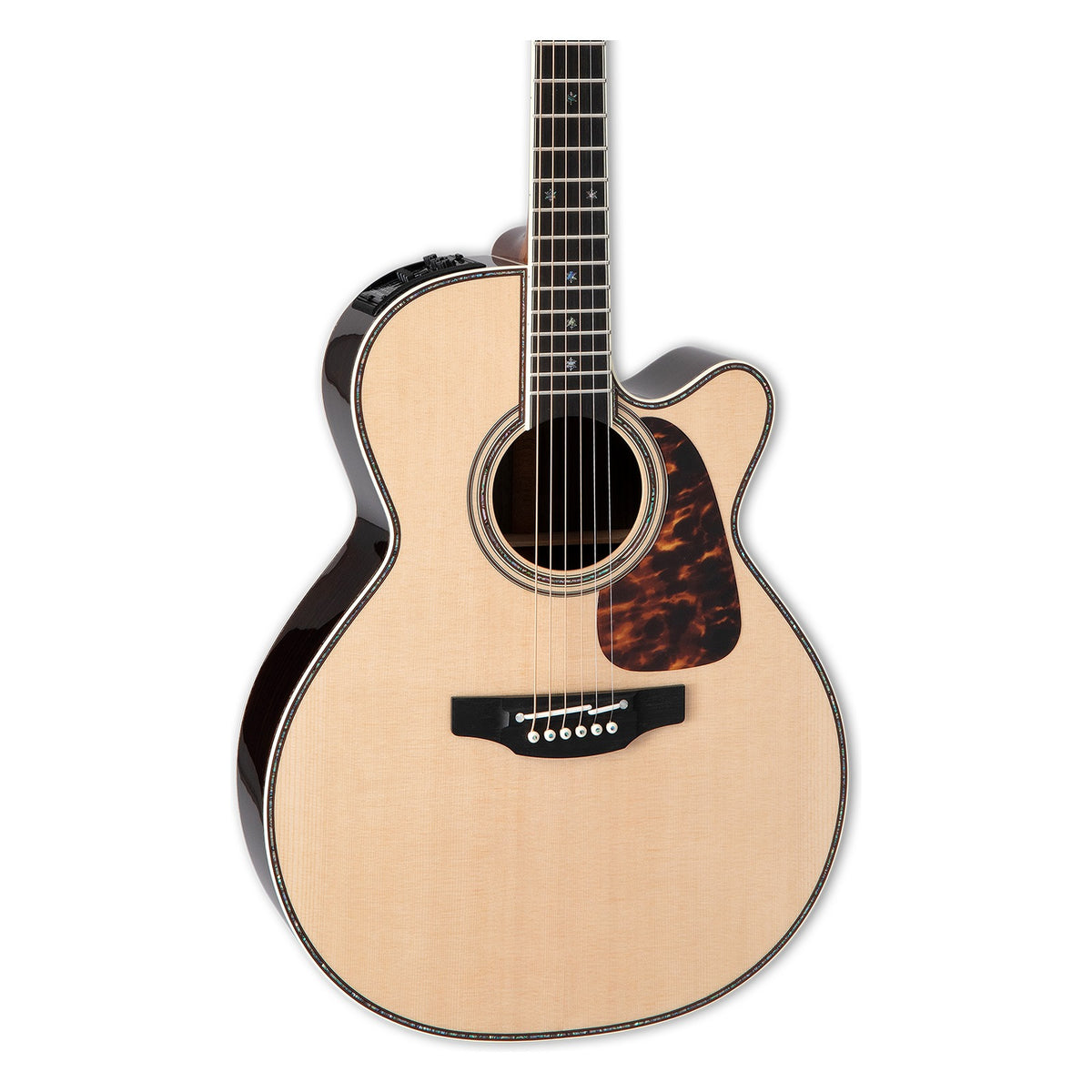 Front of the Takamine P10NC body in a gloss natural finish: solid spruce top, cutaway, soundhole rosette and the lower fretboard.