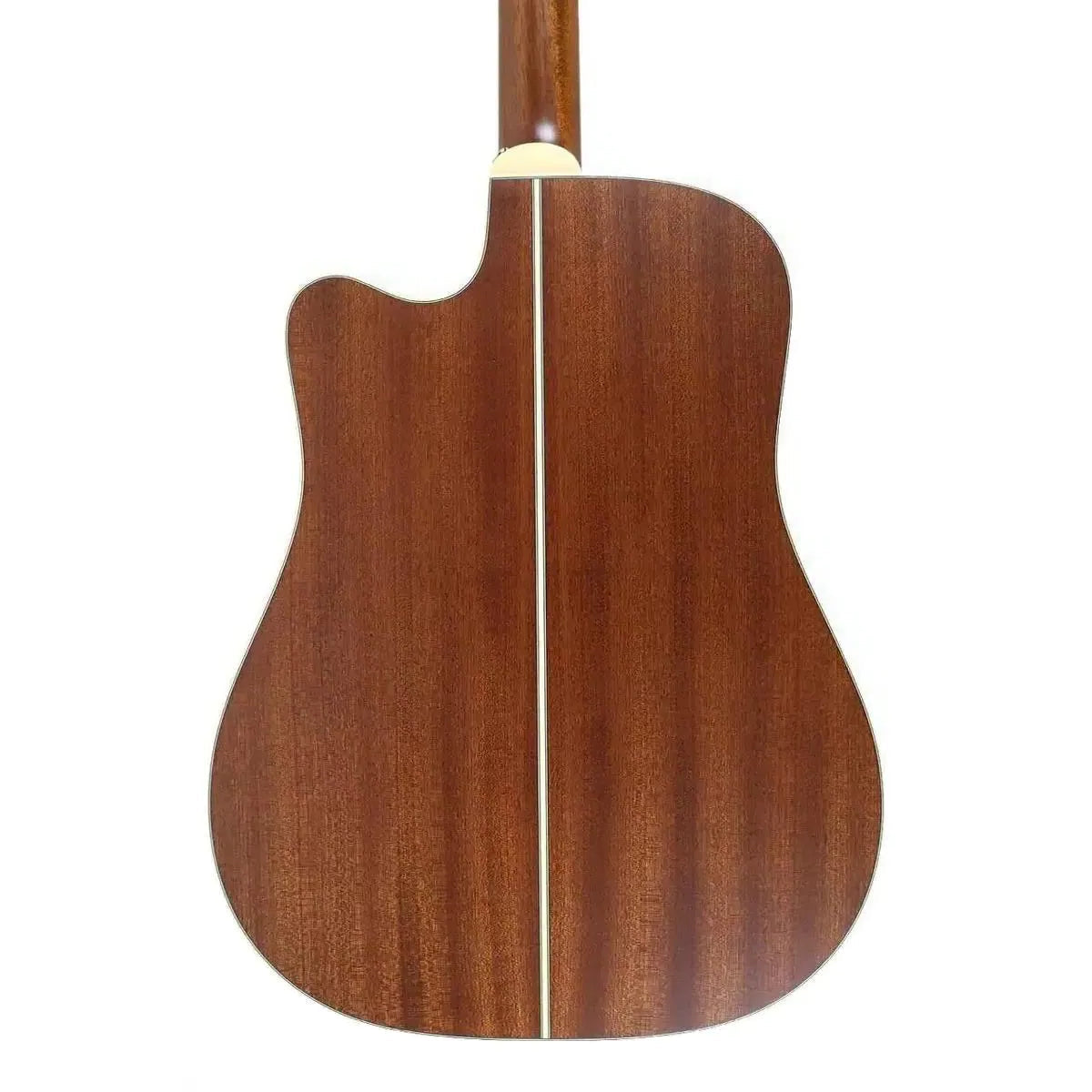 Back of a Takamine P3DC-12 12-string dreadnought acoustic-electric guitar, showing the solid sapele wood grain.