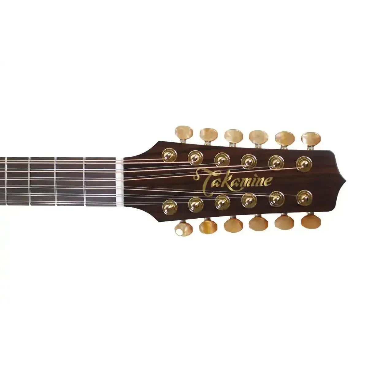 Takamine P3DC-12 12-string dreadnought acoustic-electric guitar headstock with gold tuners and amber buttons.