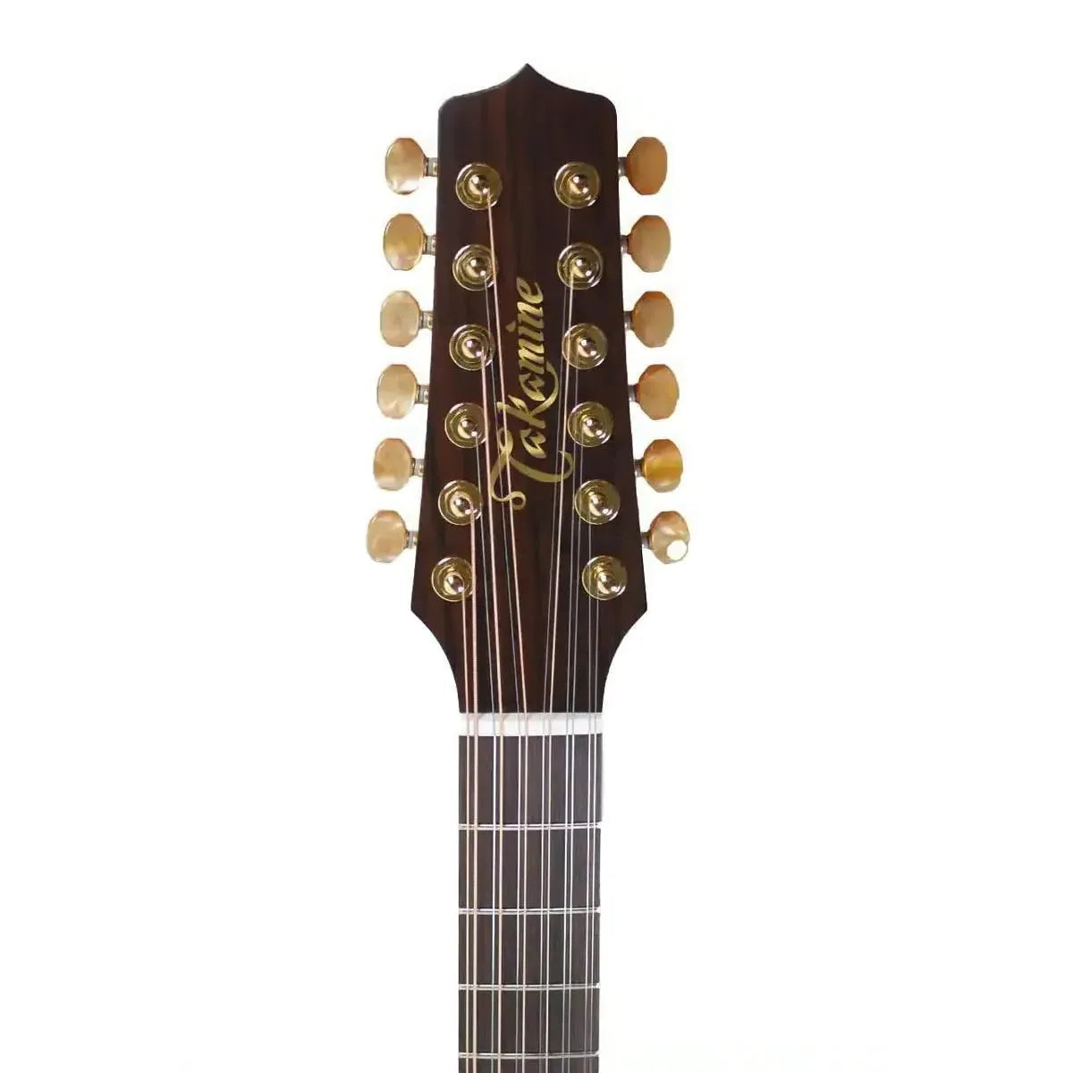 Takamine P3DC-12 12-string dreadnought acoustic-electric guitar headstock with gold tuners and amber buttons.