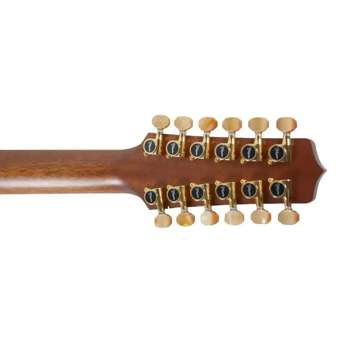Takamine P3DC-12 12-string acoustic-electric guitar headstock with gold tuners and amber buttons.