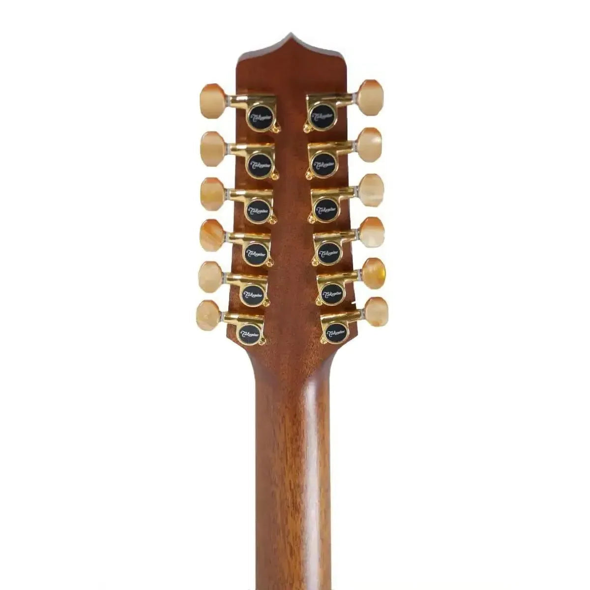 Takamine P3DC-12 12-string acoustic-electric guitar headstock with gold tuners and amber buttons.