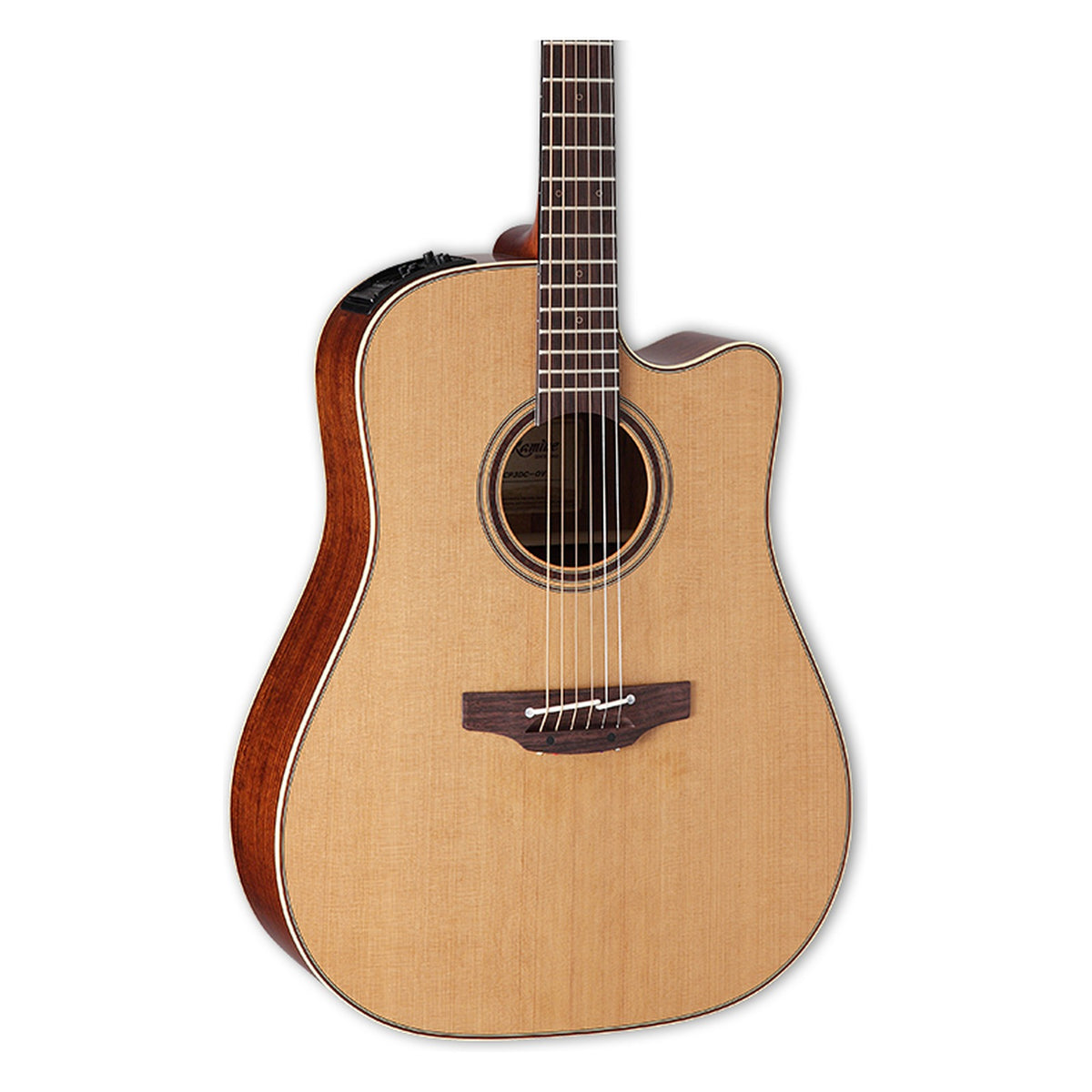 Front of the Takamine P3DC body in a natural satin finish: solid cedar top, cutaway, soundhole rosette and the lower fretboard.