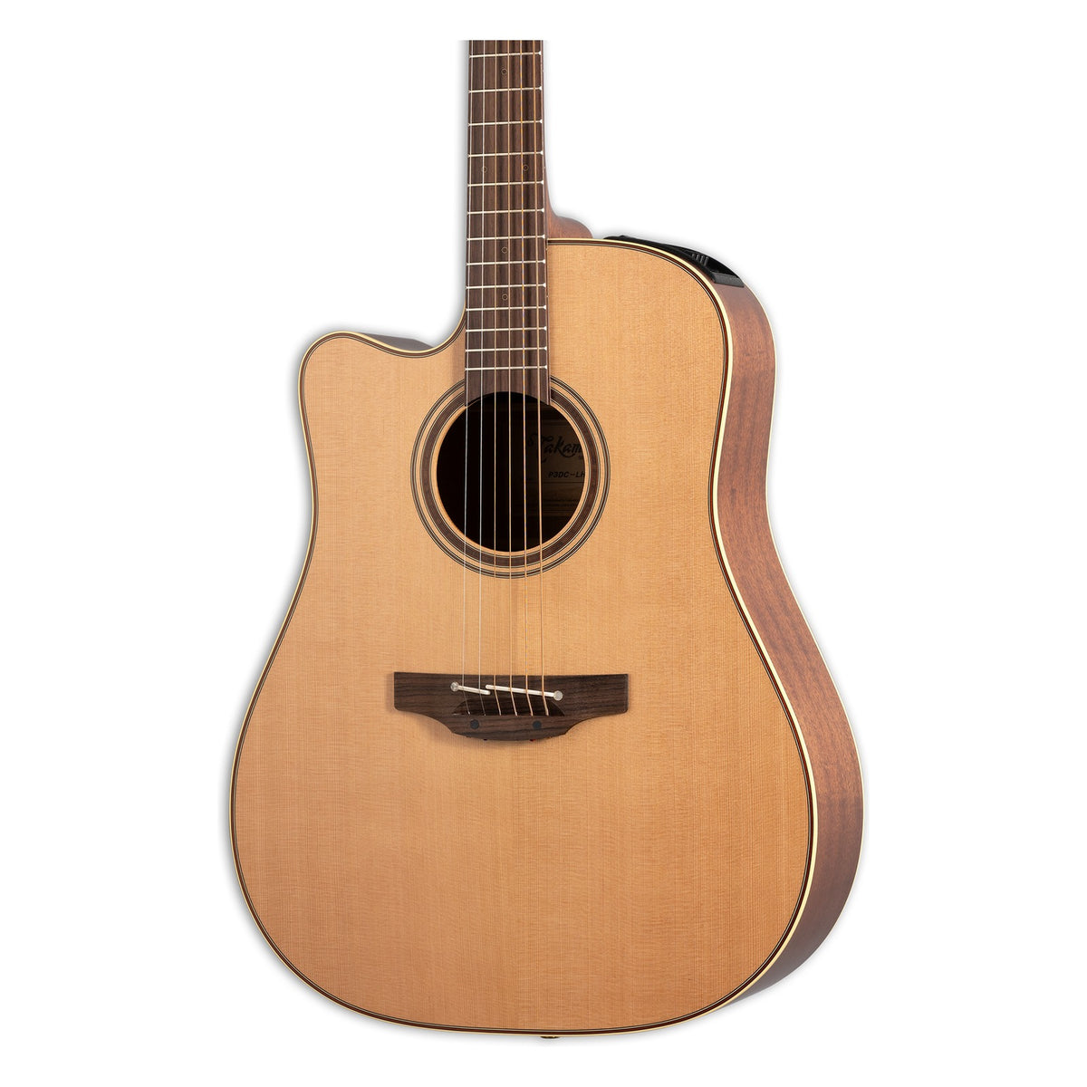 Front of the left-handed Takamine P3DC LH body in a natural satin finish: solid cedar top, cutaway, soundhole rosette and the lower fretboard.