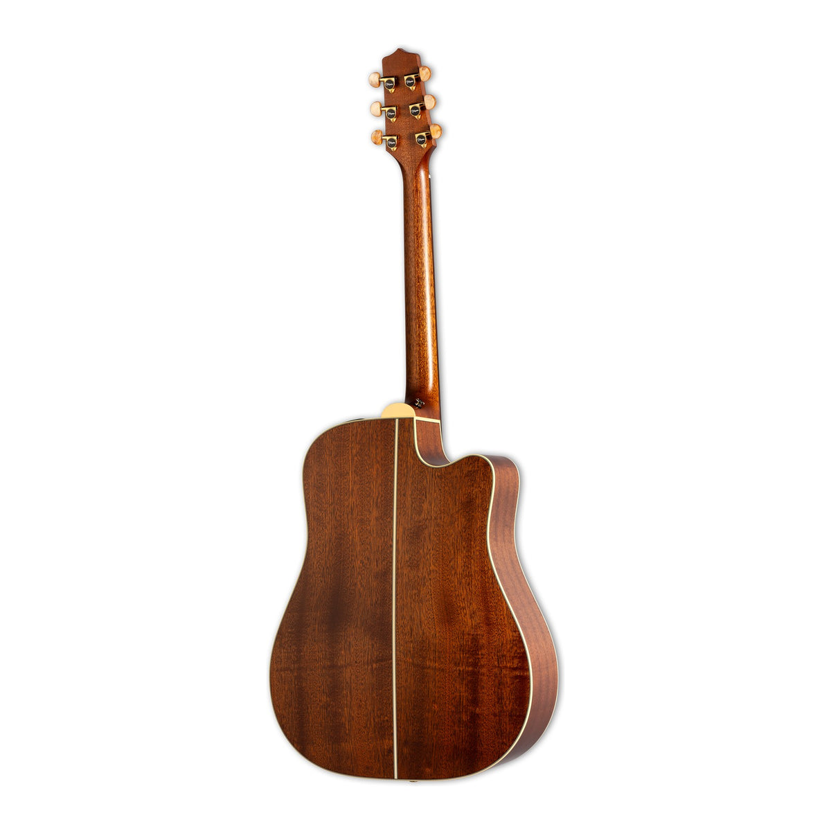 Full back view of the Takamine P3DC LH showing the mahogany neck and the solid sapele back.