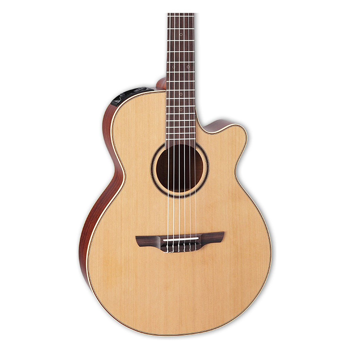Front of the Takamine P3FCN body in a natural satin finish: solid cedar top, cutaway, soundhole rosette and the lower fretboard.