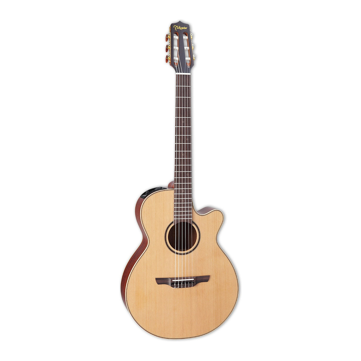 Full front view of the Takamine P3FCN FCN cutaway guitar standing upright with the headstock at the top.