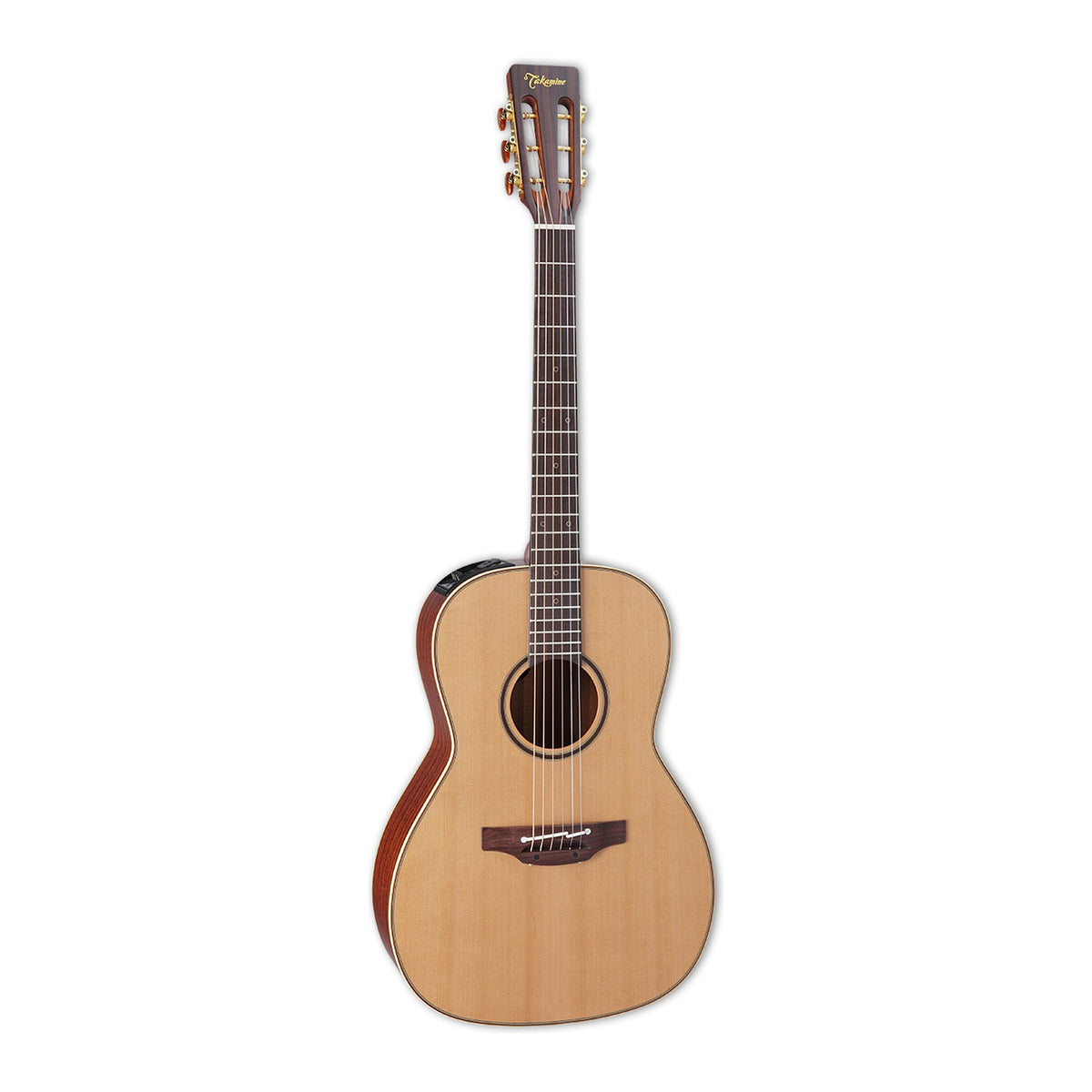 Full front view of the Takamine P3NY New Yorker guitar standing upright with the headstock at the top.