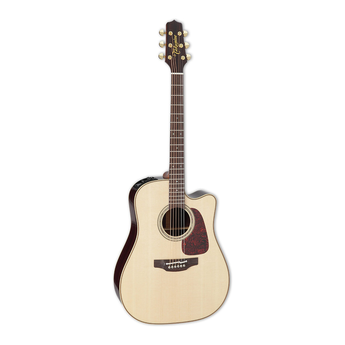 Full front view of the Takamine P5DC NAT dreadnought cutaway guitar standing upright with the headstock at the top.