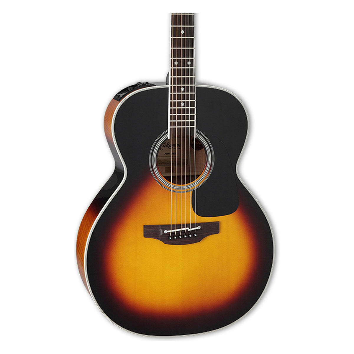 Front of the Takamine P6N BSB body in a brown sunburst gloss finish: solid spruce top, soundhole rosette and the lower fretboard.