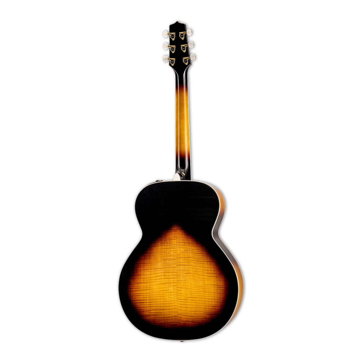 Full back view of the Takamine P6N BSB LH showing the maple neck and the solid flame maple back.