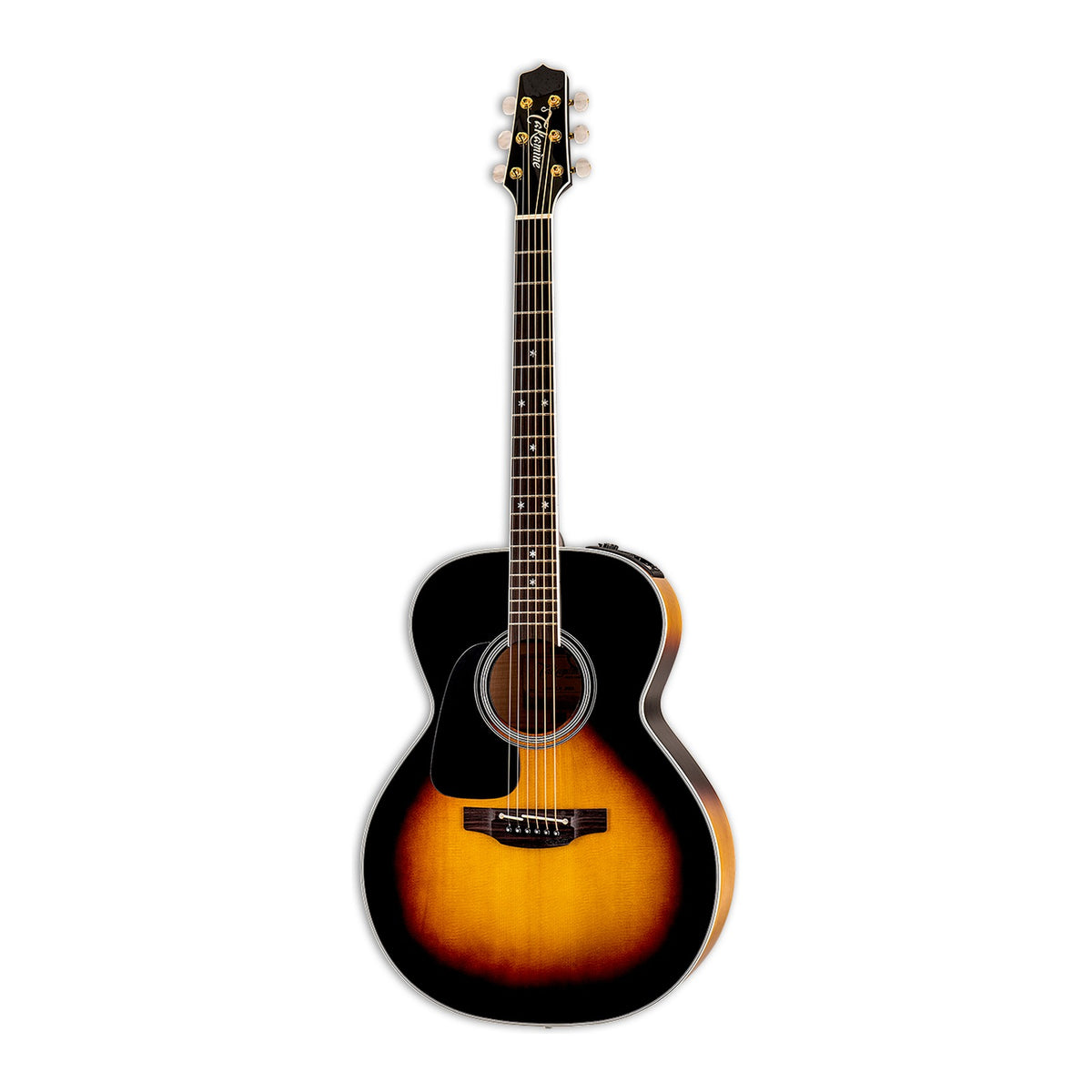 Full front view of the left-handed Takamine P6N BSB LH NEX guitar standing upright with the headstock at the top.